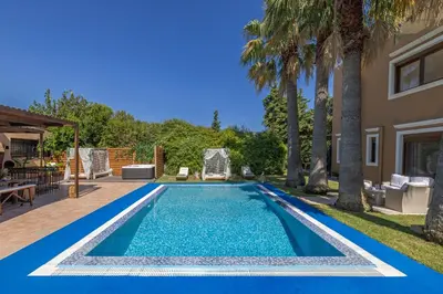 a swimming pool in the backyard of a house with palm trees at Prestige Residence Rhodes in Ialyssos