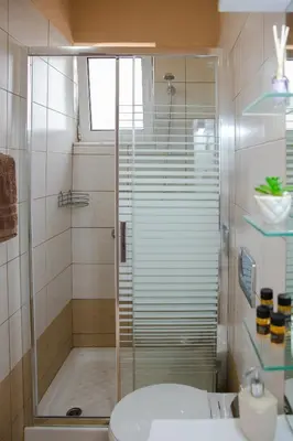 a bathroom with a shower and a toilet and a tub at Electi Apartments Charaki in Haraki