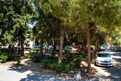 a white car parked under trees on a street at La Casa di Efi in Rhodes Town