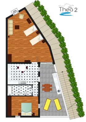 a floor plan of a house with a garden at Villa Thalassa 2 Cozy Greek Comfort Private Shaded Courtyard in Líndos
