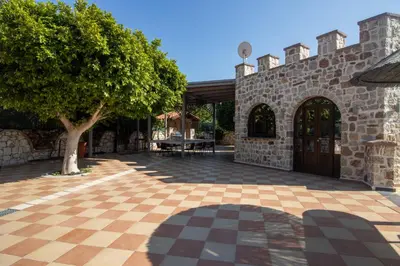 a courtyard with a tree and a stone building at Casa Loma in Triánta