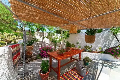 a patio with a wooden table and potted plants at Tselios Apartments & Studios in Kiotari
