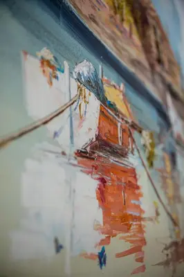 a painting of a boat on the side of a wall at Casa Plumeria of Old Town Rhodes in Rhodes Town