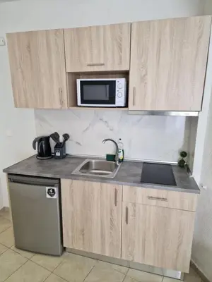a kitchen with a sink and a microwave at BLUE EYES APARTMENTS in Ixia