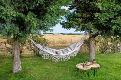 a hammock hanging between two trees in a field at Aelia Sea View Bungalow in Gennadi