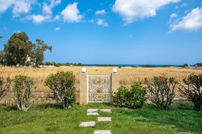 a gate in the middle of a field at Aelia Sea View Bungalow in Gennadi