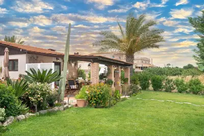 a yard with a house and a palm tree at Ilaira Sea View Bungalow in Gennadi