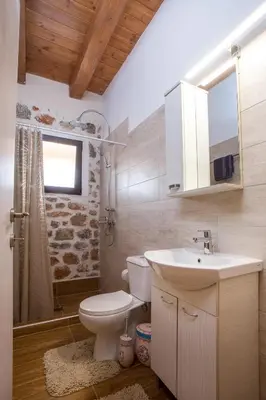 a bathroom with a toilet and a sink and a window at Villa in the Woods in Kolimbia