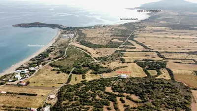an aerial view of an island with a body of water at Villa Stamos with Seaview and Private Pool - Partner of Prasonisi Villas in Plimmiri