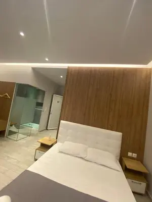 a bedroom with a white bed and a wooden wall at Stegna Premium in Archangelos