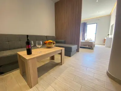 a living room with a bottle of wine on a table at Stegna Premium in Archangelos