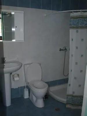 a bathroom with a toilet and a sink and a shower at Andreas Apartments in Symi