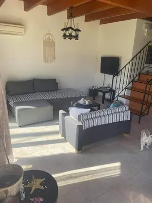a living room with two couches and a tv at Kiotari Stone House in Gennadi