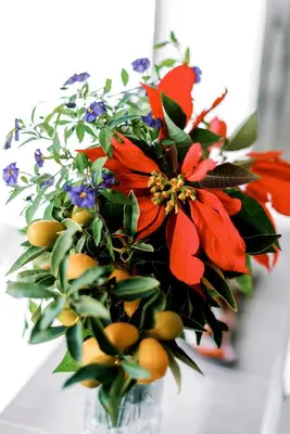 a vase filled with red flowers and other plants at Mike's Studios in Haraki