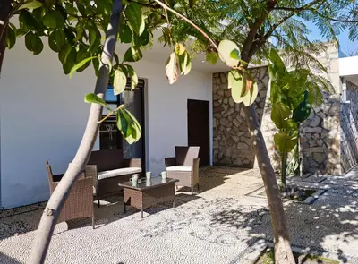 a patio with chairs and a table and a tree at Villa Tamara in vlicha
