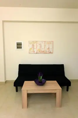 a living room with a black couch and a table at Stelia Luxury apartments in Kalavárda