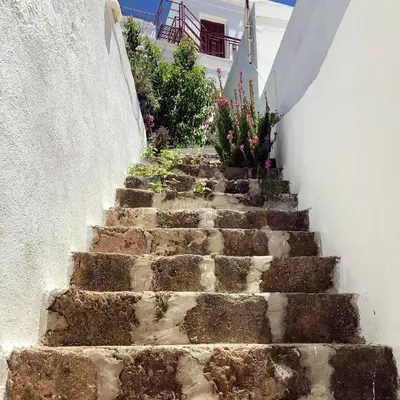 a set of stone stairs with flowers on them at Electra in Líndos