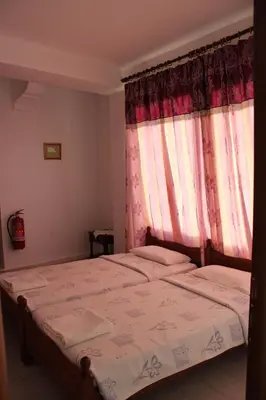 a bedroom with a bed with a curtain and a window at Electra in Líndos