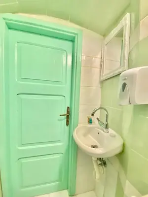a bathroom with a blue door and a sink at Seafront - Harbour view , Pitini 1 in Symi