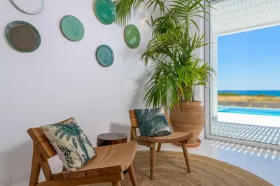 a living room with chairs and a potted plant at Seashore Villa - Luxury Beachfront - Pool & Sea View in Lachania