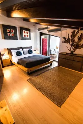 a bedroom with a large bed and a rug at Villa Equinox in Ixia