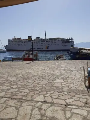 a cruise ship in the water next to a dock at Villa Afroditi in Halki
