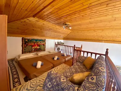 a bedroom with two beds and a wooden ceiling at Villa Afroditi in Halki
