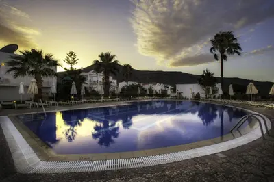 a large swimming pool with palm trees and buildings at Lindos View Hotel in Líndos