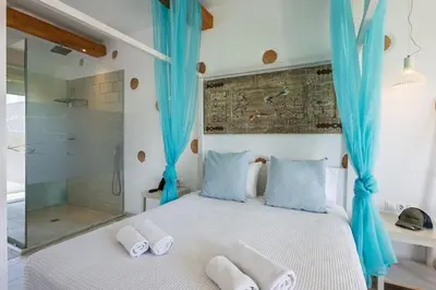 a bedroom with a bed with blue curtains and a shower at Lindos View Hotel in Líndos