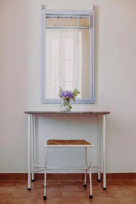 a table with a vase of flowers and a window at Marea Apartments in Symi