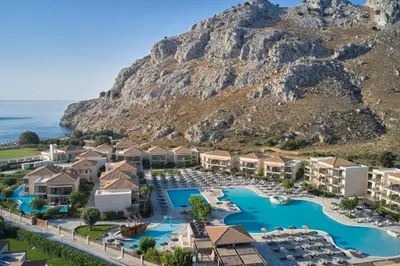 an aerial view of the resort with a mountain in the background at Atlantica Aegean Park in Kolimbia