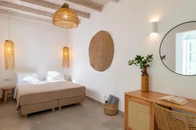 a bedroom with a bed and a mirror on the wall at Dipagio Origin Villa in Lachania
