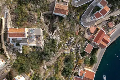 an overhead view of a house next to the water at Sea La Vie Villa Symi in Symi