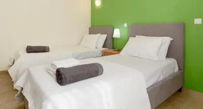 two beds in a room with green walls at Blue Line Villa Lindos in Líndos