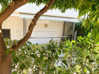 a garage with a white door behind a tree at A&B Rhodes city apartments in Rhodes Town