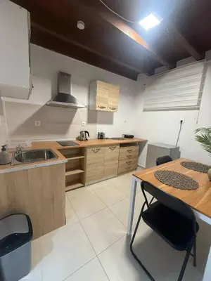 a kitchen with a sink and a table with chairs at Occasus Room Comfort in Halki