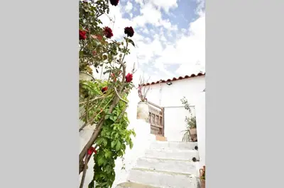 a stairway with flowers and a white building at Conchiglia Village House in Kiotari