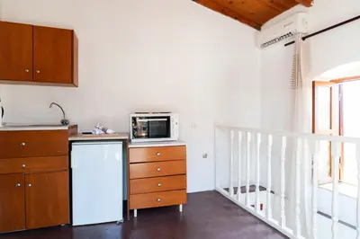 a kitchen with a white refrigerator and a microwave at Kiki&Nina in Halki