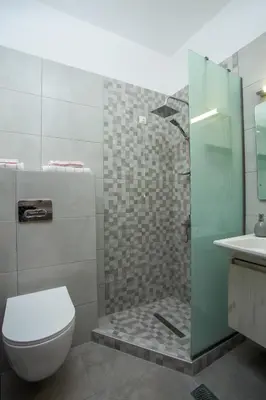 a bathroom with a shower and a toilet and a sink at Dimitra Faliraki Center Apartments in Faliraki