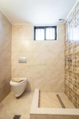 a bathroom with a toilet and a glass shower at Alonia Summerhouse in Fanes in Phanaes