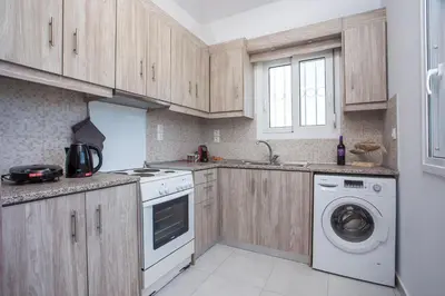 a kitchen with wooden cabinets and a washing machine at Celini beach house in Kiotari