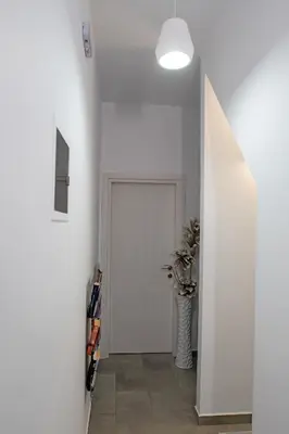 a hallway with a door and a vase with a plant at Aethrèa Apartments in Haraki
