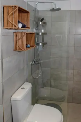 a bathroom with a toilet and a glass shower at Aethrèa Apartments in Haraki