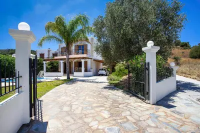 a gate to a house with a palm tree at Villa AmberBlue Kalathos in Kalathos