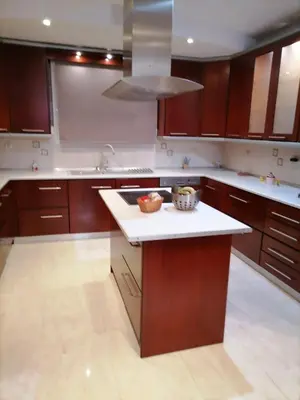 a kitchen with wooden cabinets and a white counter top at MARIALENAS HOUSE in Archangelos