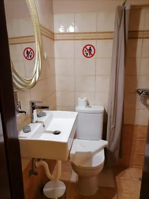 a bathroom with a toilet and a sink and a mirror at MARIALENAS HOUSE in Archangelos