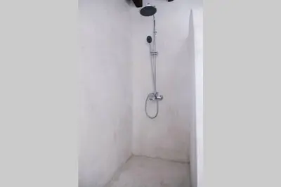 a shower in a white bathroom with a shower head at 1919's House in Asklipiḯon