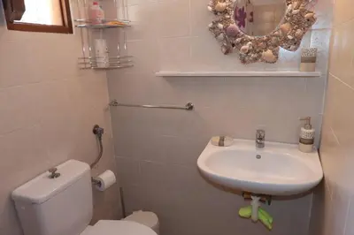 a small bathroom with a toilet and a sink at Traditional Villa Efterpi in Halki