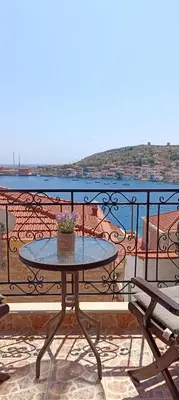 a table with a potted plant on top of a balcony at VILLA ELENA in Halki