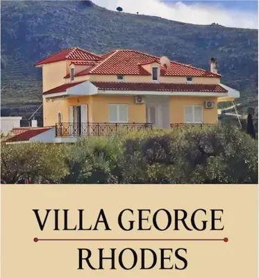 a house on a hill with the words villa george rhues at Villa George Rhodes in Archangelos